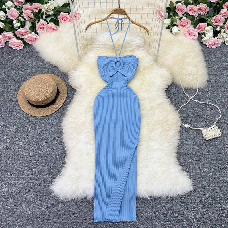 Halter Crochet Bodycon Dress Cut Out Sexy Split Dresses Off Shoulder Backless Party Vestido Korean Women Chic Fashion Robe Y2k