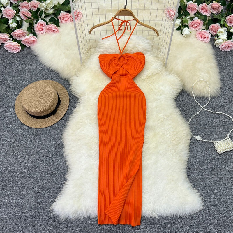 Halter Crochet Bodycon Dress Cut Out Sexy Split Dresses Off Shoulder Backless Party Vestido Korean Women Chic Fashion Robe Y2k