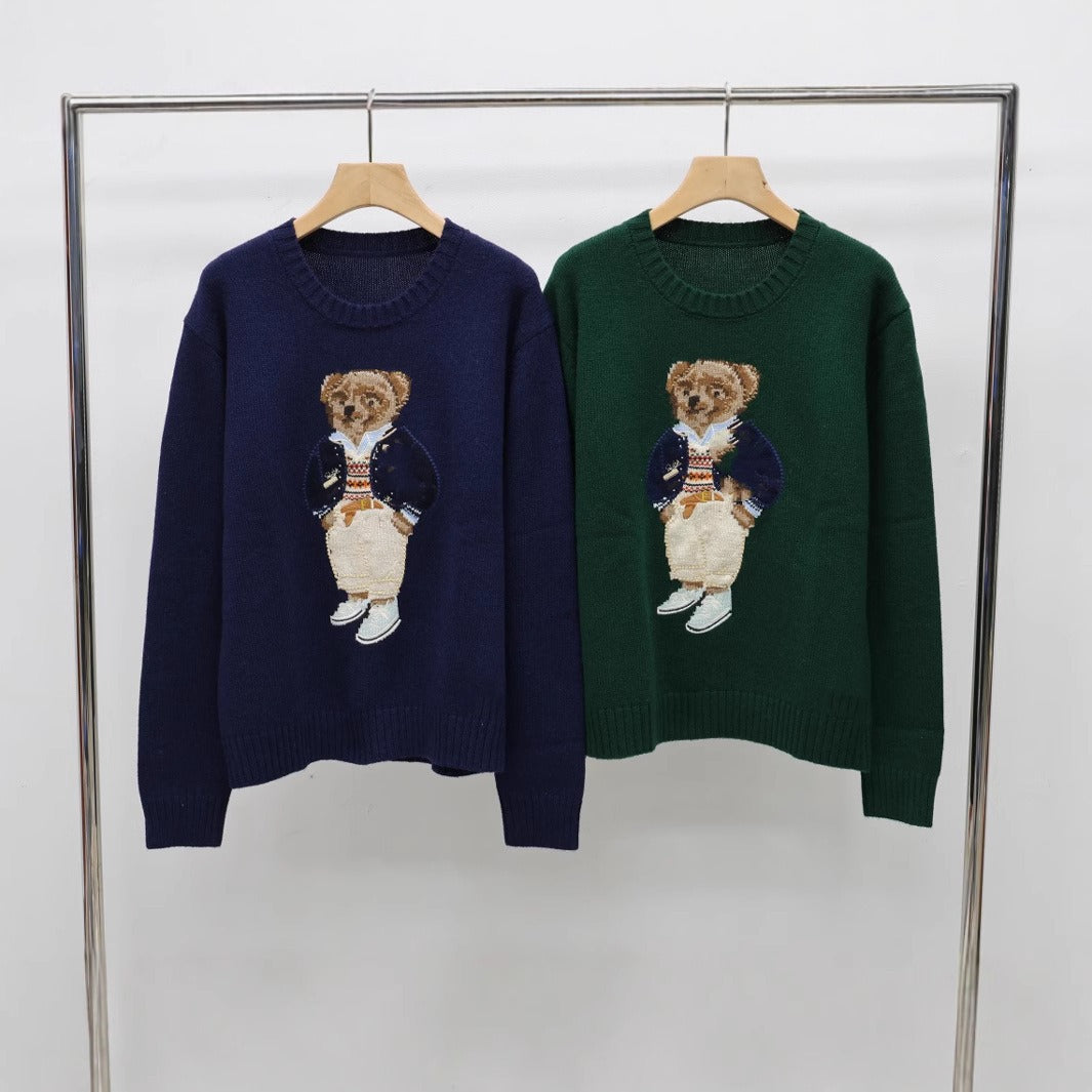 2024 autumn and winter new fashionable knitted round neck bear pattern men's and women's pullover sweater