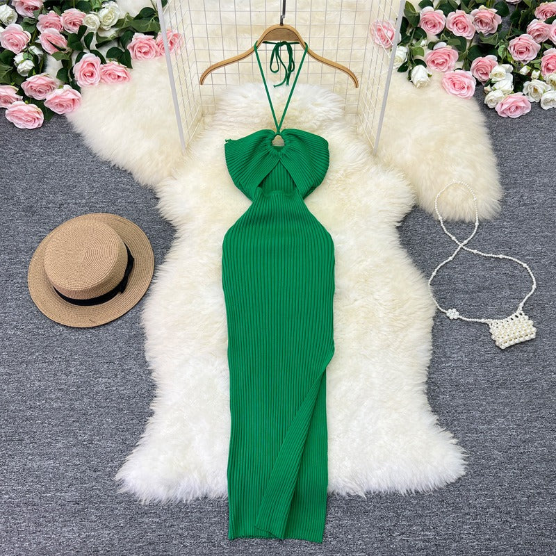 Halter Crochet Bodycon Dress Cut Out Sexy Split Dresses Off Shoulder Backless Party Vestido Korean Women Chic Fashion Robe Y2k