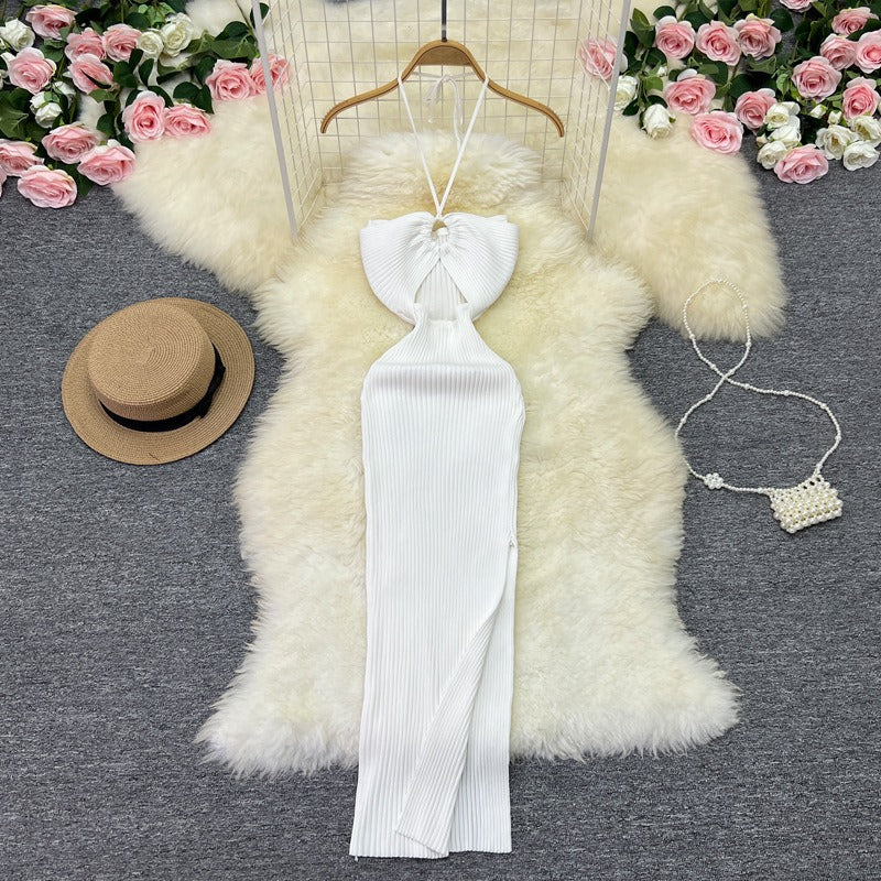 Halter Crochet Bodycon Dress Cut Out Sexy Split Dresses Off Shoulder Backless Party Vestido Korean Women Chic Fashion Robe Y2k