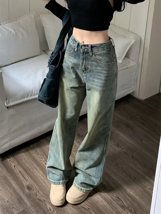 Deeptown Y2k Wide Leg Jeans Women Vintage Streetwear Washed Denim Pants Grunge Basic Slouchy Blue Trousers Femme Autumn