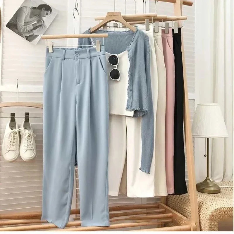 Fashion Elastic High Waist Pants Women 2023 Spring Casual Loose Straight Black Trouser Female Nine Points Suit Pant Streetwear