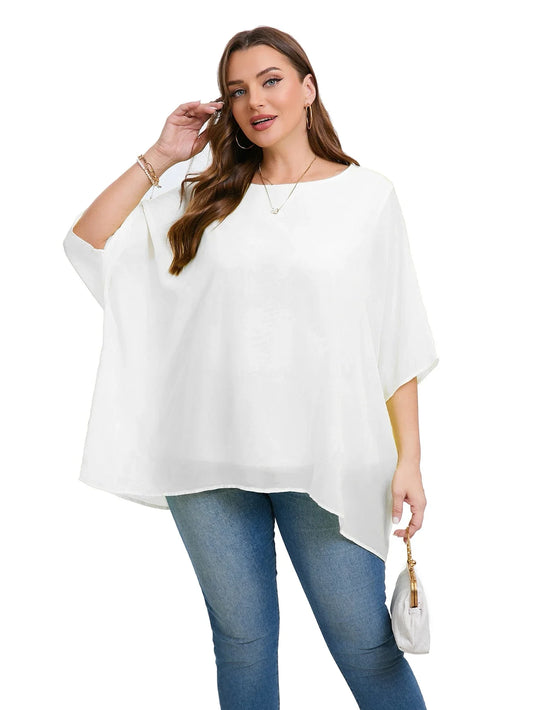 Womens Plus Size Elegant Summer Blouse Batwing Sleeve Oversized Chiffon Blouse Scoop Neck Large Size Casual Tunic Top Shirt 4XL