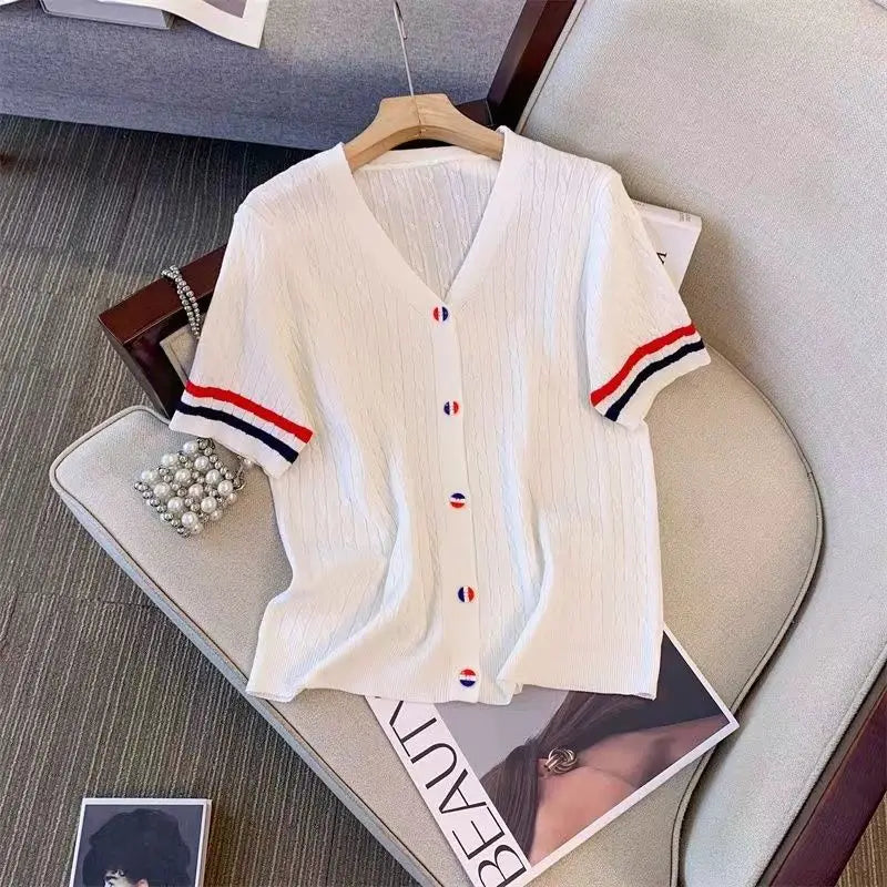 Women's 2024 Summer New Fashion Thin Spliced Buttons Loose V-neck Twist Ice Short Sleeve Cardigan Knitted All-match T-shirt Tops