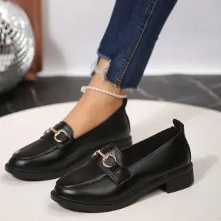 2024 Spring Women’s Leather Shoes British Style Metal Chain Black Mary Jane Low Heels Ladies Casual Loafers Plus Size 43