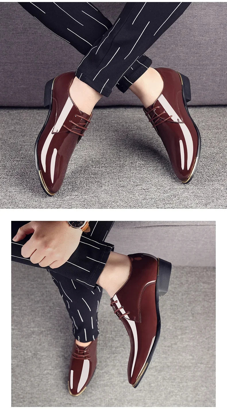 2024 New Men’s Patent Leather Shoes  British Style Men's Dress Shoes Lace Up Pointed Toe Wedding Business Party Social Shoe Male