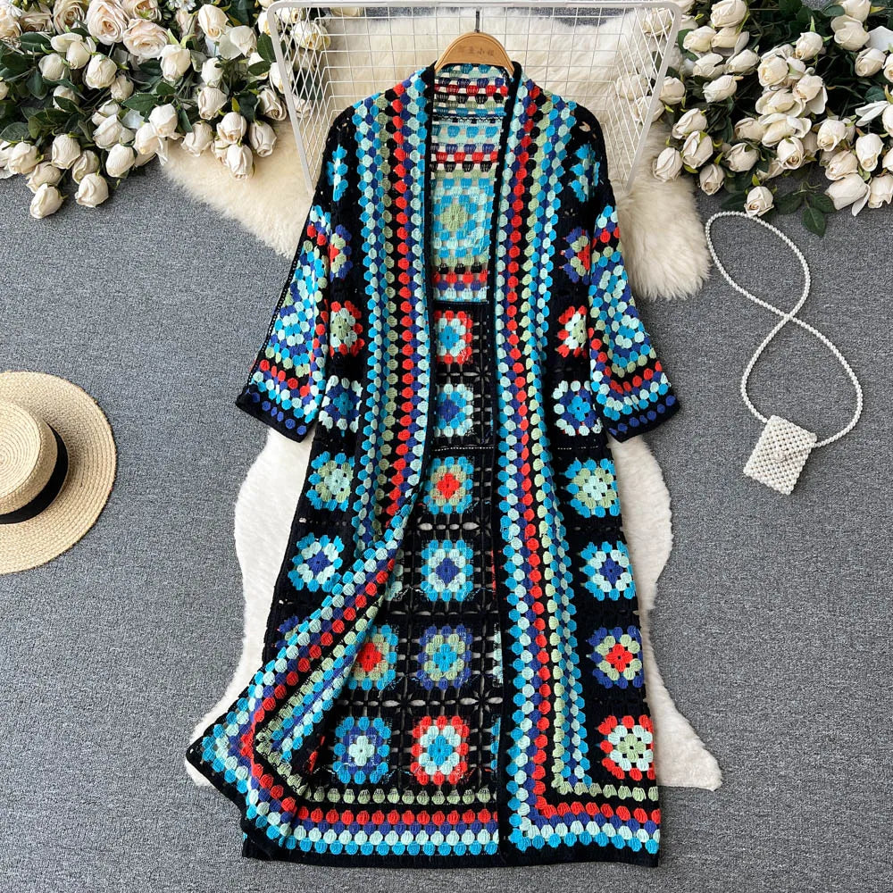 SINGREINY Summer Holiday Beach Long Cardigans Spring Fashion Vintage Floral Knit Cardigan Streetwear Loose Hollow Out Overcoat