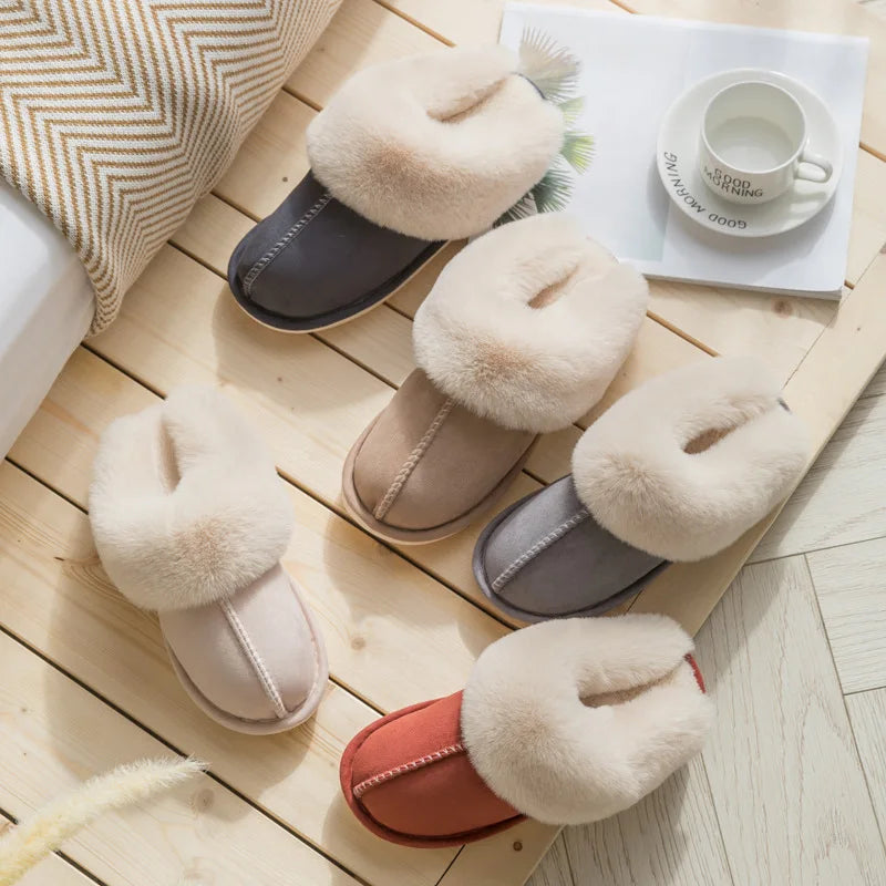 Warm Fur Indoor Home Slippers Women 2023 Winter Soft Plush Couple Cotton Padded Shoes Comfy Anti-Slip Flat Fluffy Slippers Woman