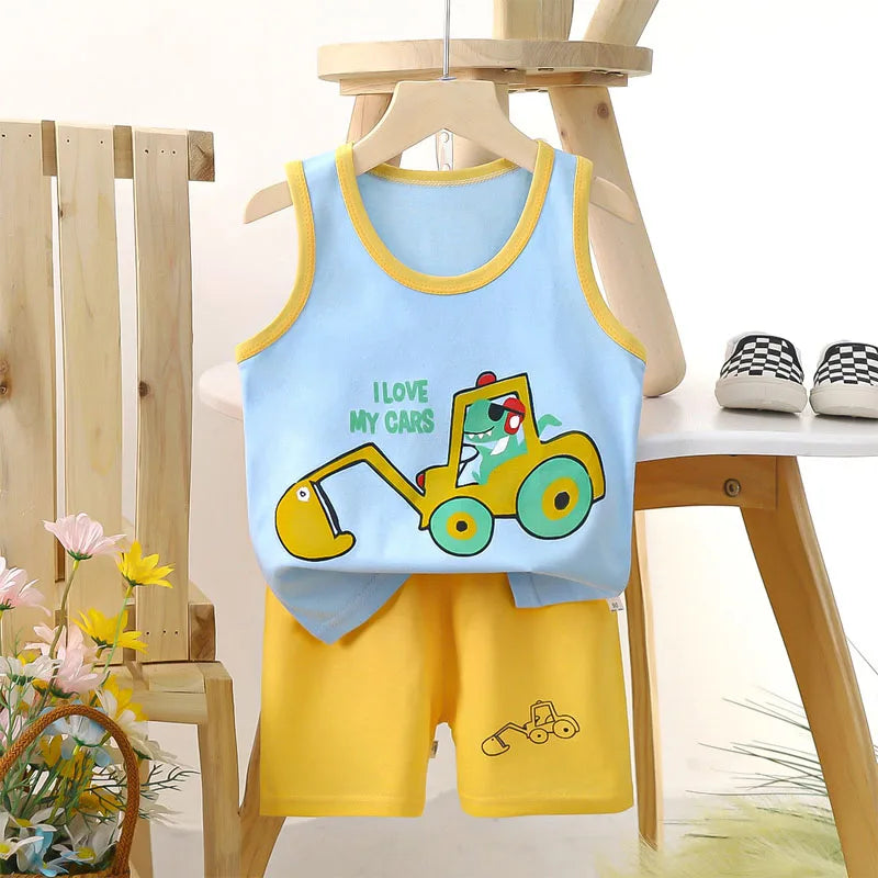 Boys Vest Set Summer Cotton New Clothes Children's Sleeveless Cartoon Wool Comfort Set Class A Thin Two-piece Set for 6-9months