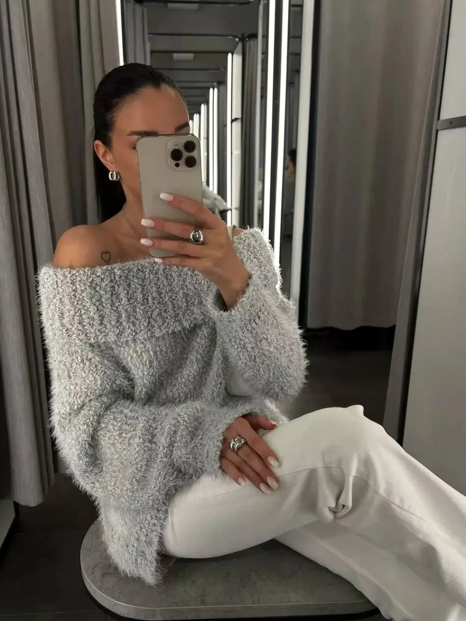 Sexy Women's knitted Sweater with Open Shoulders Autumn Winter Long Sleeve gray Fluffy Sweaters for Women Solid Oversize Sweater