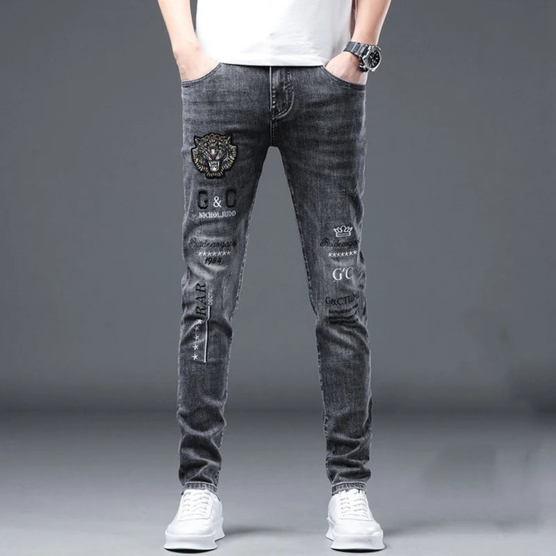 High End Stylish Classic Distinctive Printed Black Stretch Denim Jeans for Men High Quality Slim Fit Stretch Luxury Denim Pants