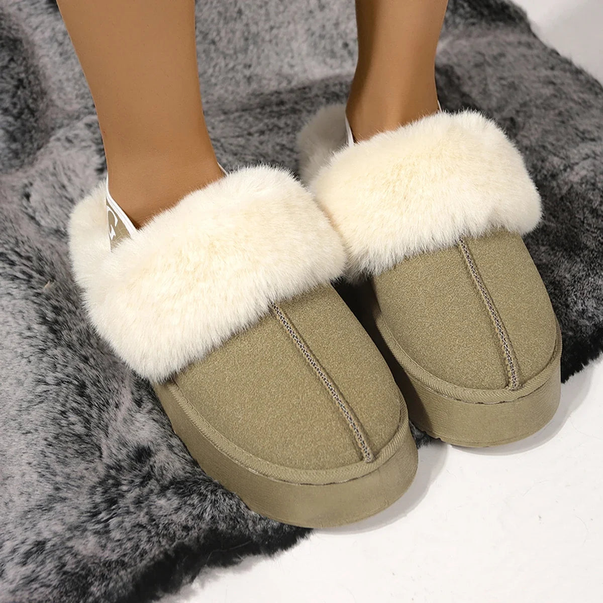 2024 New Leather Women Fashion Winter Indoor Solid Color Suede Slippers Ladies Home Platform Warm Slip-on Women’s Shoes