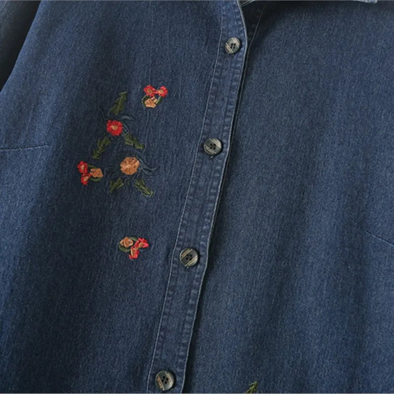 Loose Embroidered Denim Shirt for Women, Long Sleeve Coat, Plus Size, Spring and Autumn, New, 8930