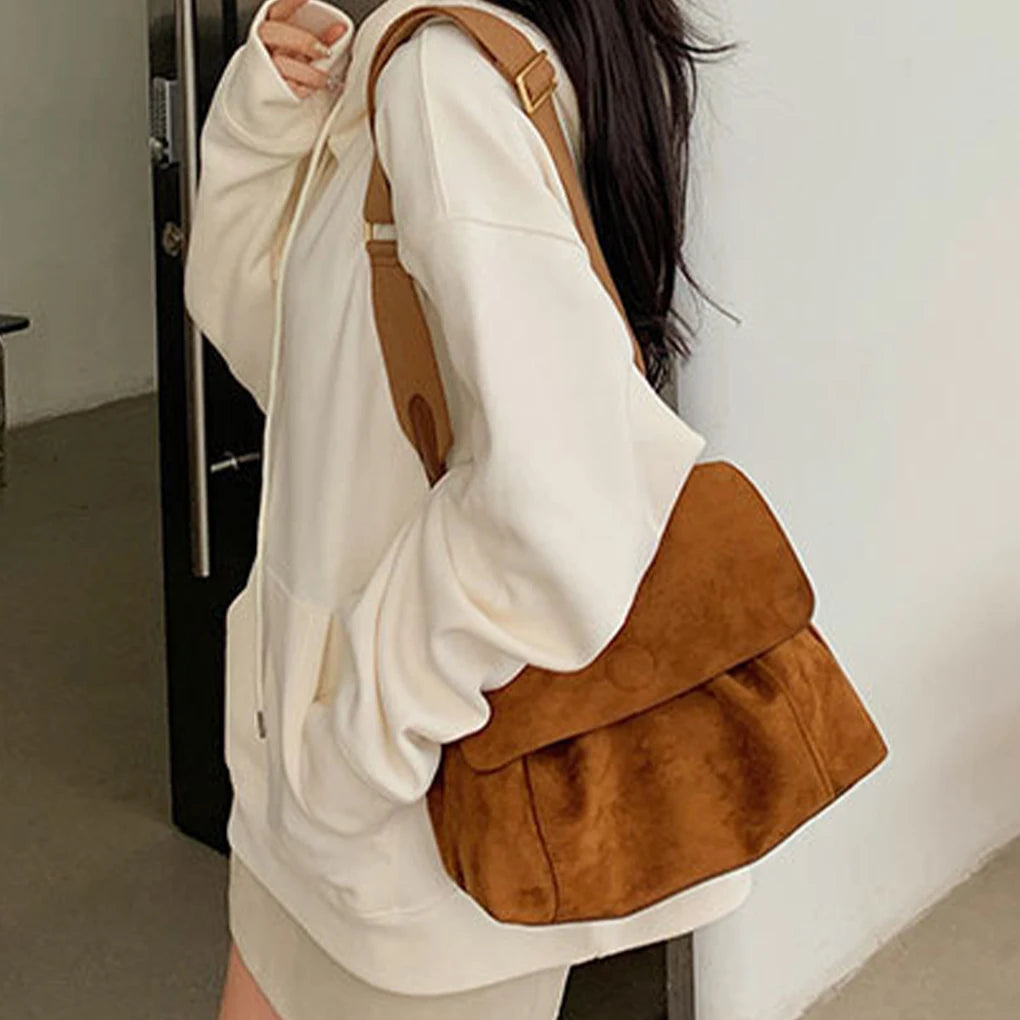 Retro Autumn Winter Frosted Brown Suede Shoulder Crossbody Bag Women’s Large Capacity Handbags Designer Tote Bag