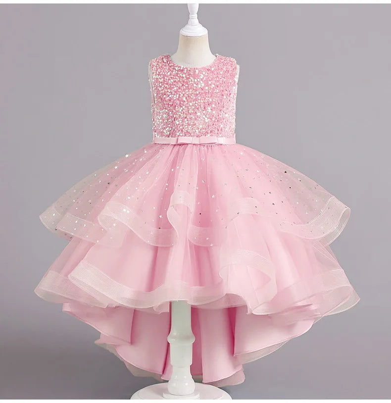 A88 Children Mesh Gown Girls Sleeveless Dress Pink Wedding Evening Party Princess Dresses For Kids Girl