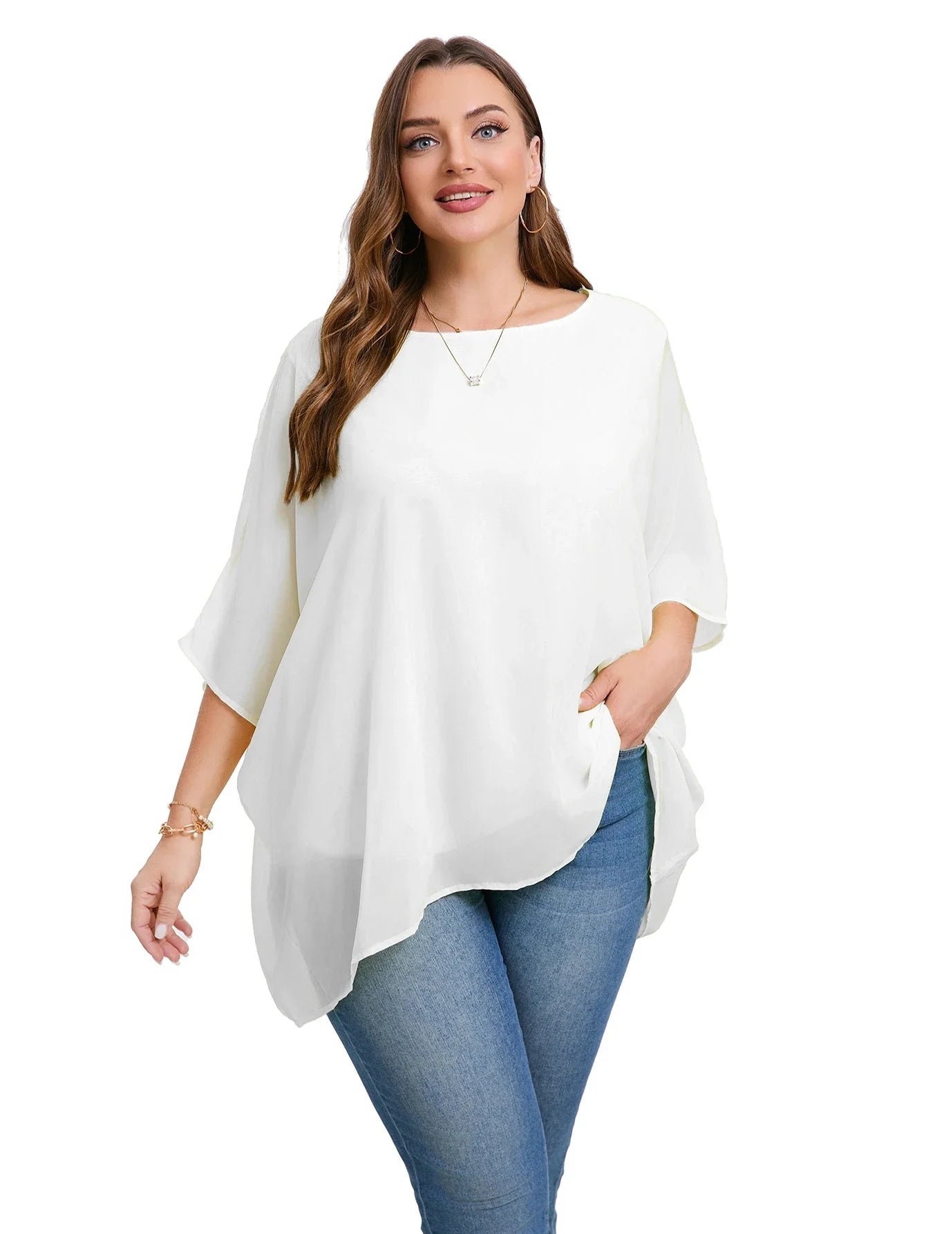 Womens Plus Size Elegant Summer Blouse Batwing Sleeve Oversized Chiffon Blouse Scoop Neck Large Size Casual Tunic Top Shirt 4XL