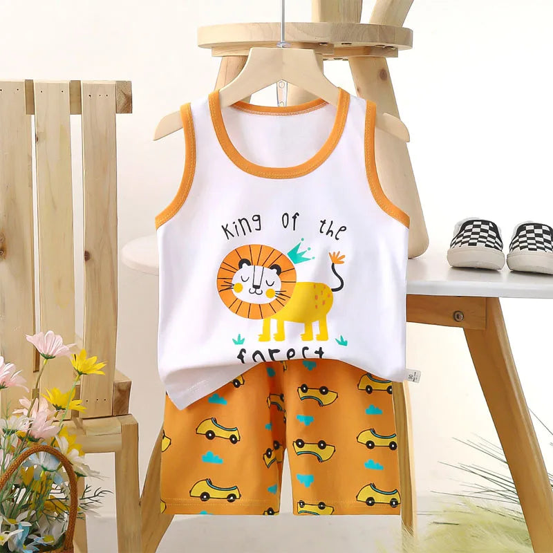 Boys Vest Set Summer Cotton New Clothes Children's Sleeveless Cartoon Wool Comfort Set Class A Thin Two-piece Set for 6-9months