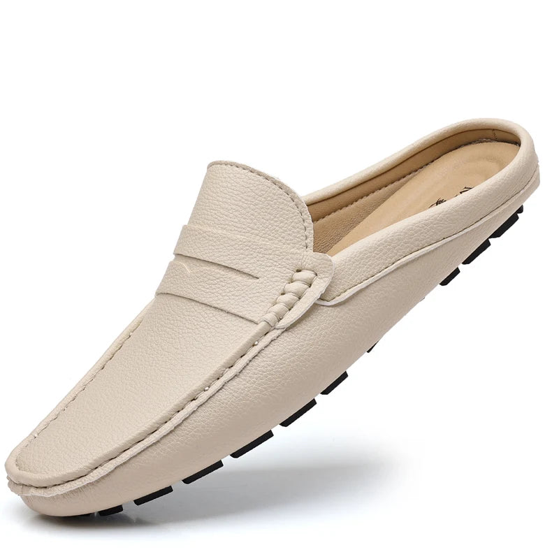 Leather Men’s Half Shoes for Men Comfortable Walking Shoe Casual Designer Shoes Slip-On Solid Color Loafers Flat Slippers 2024