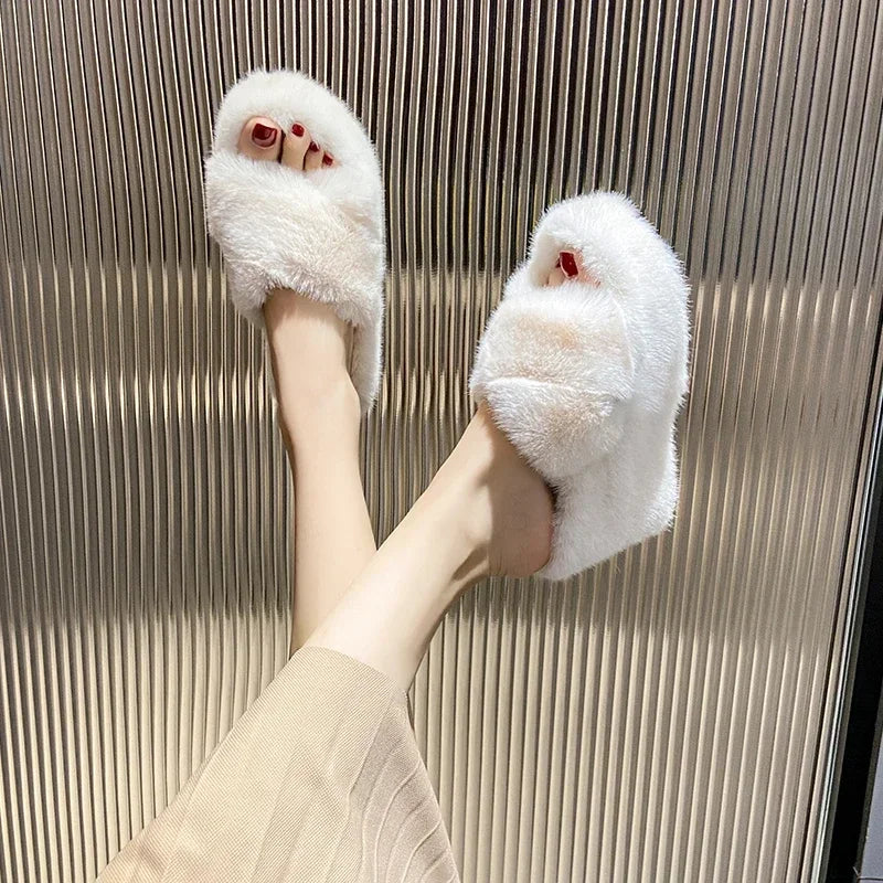 Women‘s Slippers Solid Color Shoes Outside Casual Flops Ladies Fur Slides Females 2024 High-Heels Winter Wedge Modern Slippers