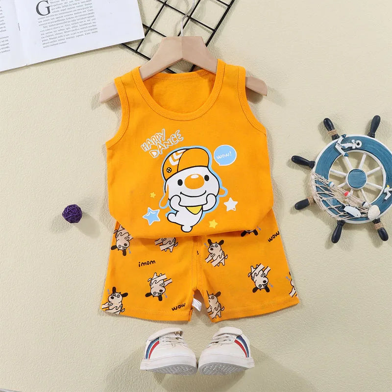 Boys Vest Set Summer Cotton New Clothes Children's Sleeveless Cartoon Wool Comfort Set Class A Thin Two-piece Set for 6-9months