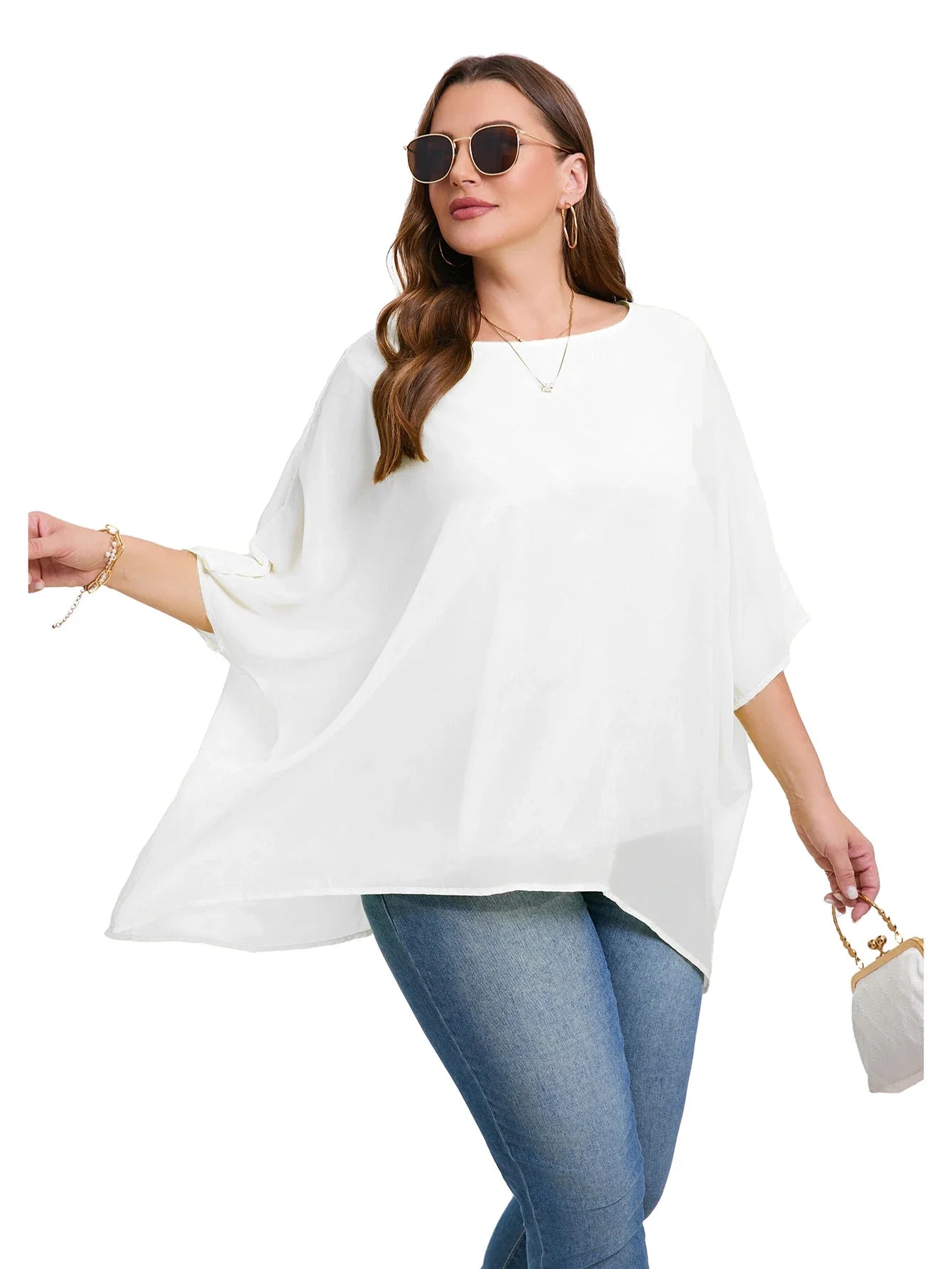 Womens Plus Size Elegant Summer Blouse Batwing Sleeve Oversized Chiffon Blouse Scoop Neck Large Size Casual Tunic Top Shirt 4XL