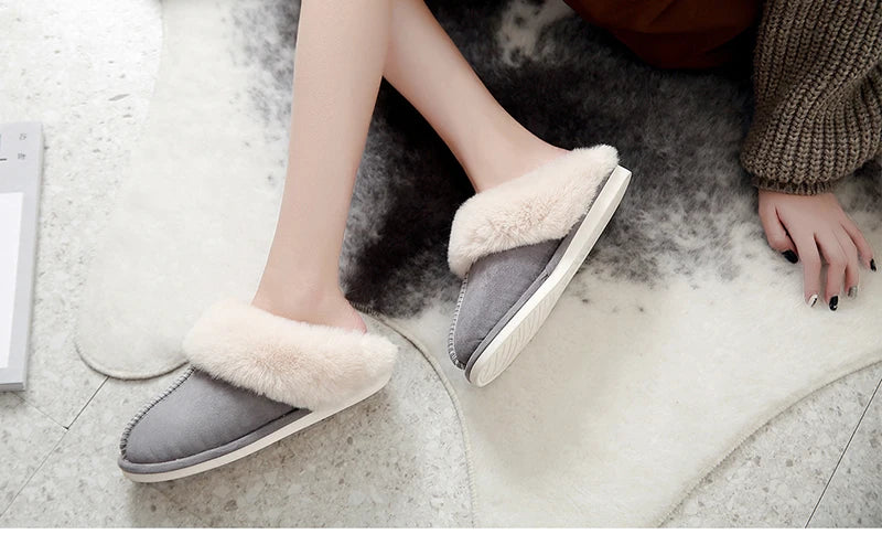 Warm Fur Indoor Home Slippers Women 2023 Winter Soft Plush Couple Cotton Padded Shoes Comfy Anti-Slip Flat Fluffy Slippers Woman