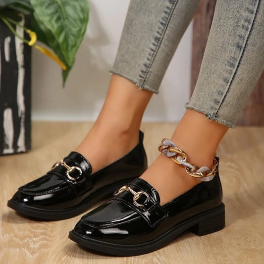 2024 Spring Women’s Leather Shoes British Style Metal Chain Black Mary Jane Low Heels Ladies Casual Loafers Plus Size 43