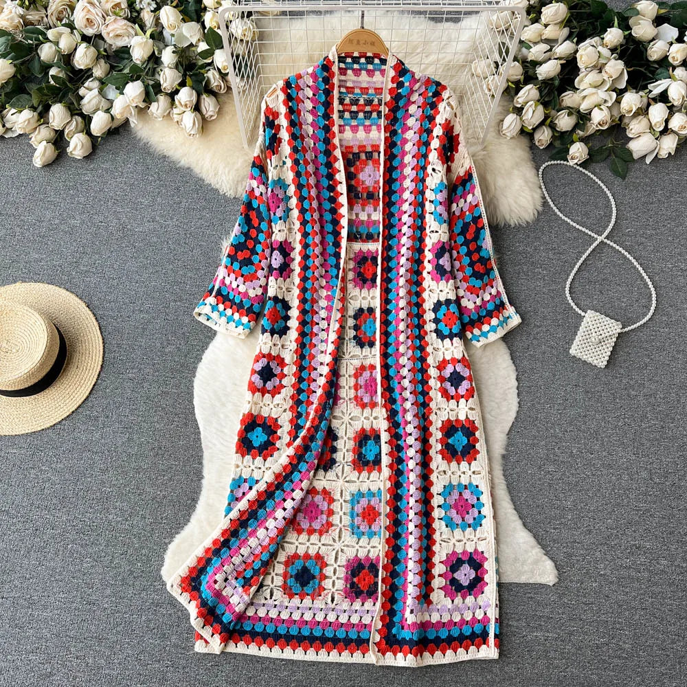 SINGREINY Summer Holiday Beach Long Cardigans Spring Fashion Vintage Floral Knit Cardigan Streetwear Loose Hollow Out Overcoat