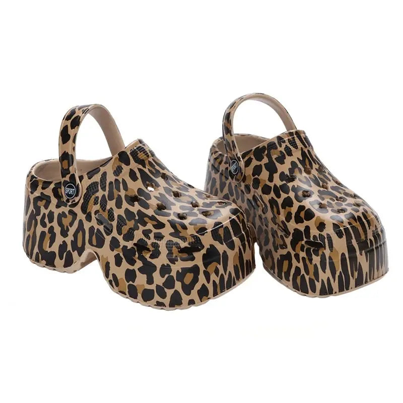 Rimocy Leopard Print 9Cm Women Hole Shoes Summer Thick Bottom Clogs for Woman Chunky Platform Slippers Non-Slip Garden Sandals