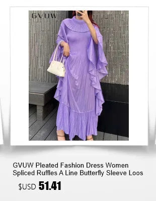 GVUW Pleated Fashion V Neck Full Sleeve Dress Women Gathered Waist Loose Medium Long A Line New 2024 Summer Eleagnt Lady 17G5620