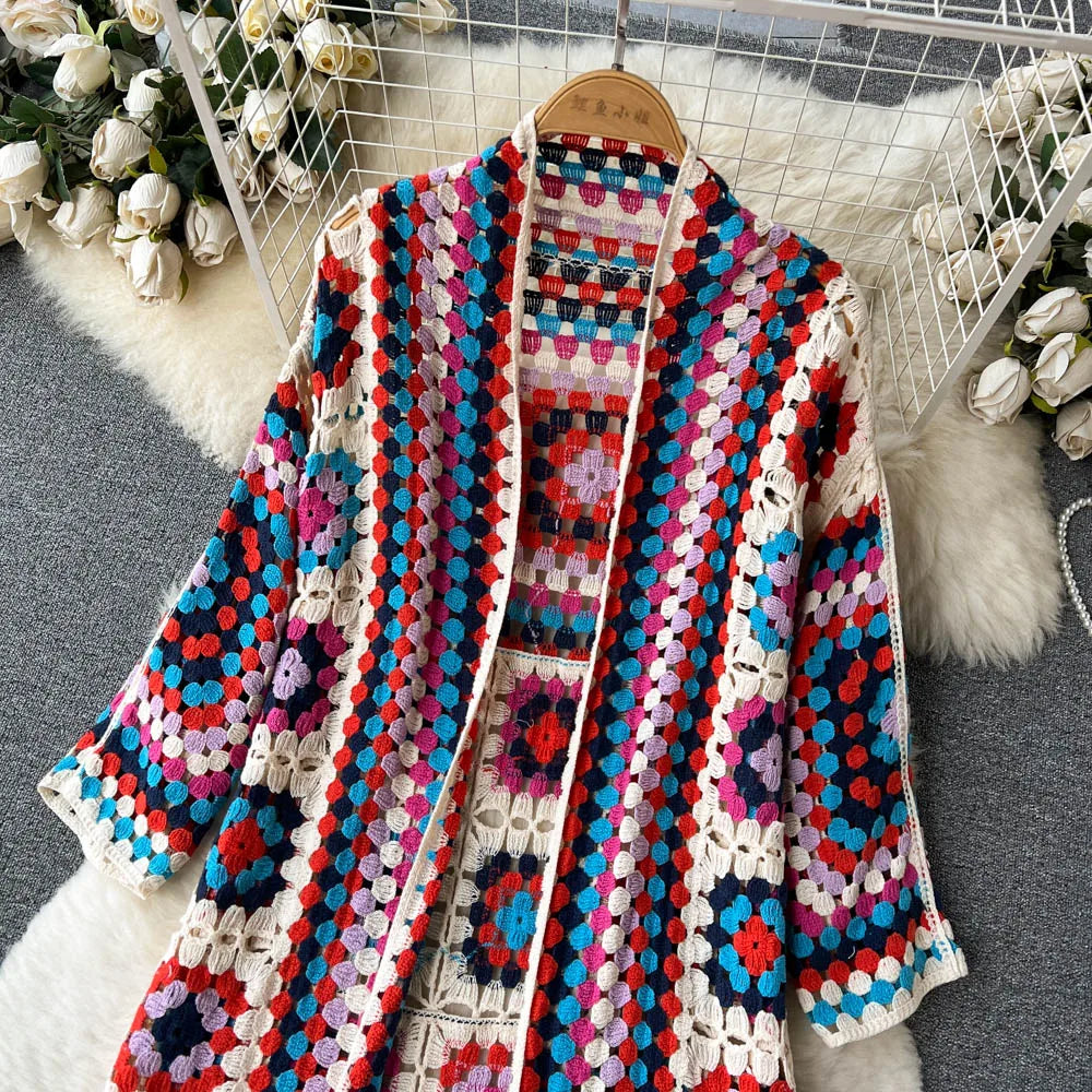 SINGREINY Summer Holiday Beach Long Cardigans Spring Fashion Vintage Floral Knit Cardigan Streetwear Loose Hollow Out Overcoat