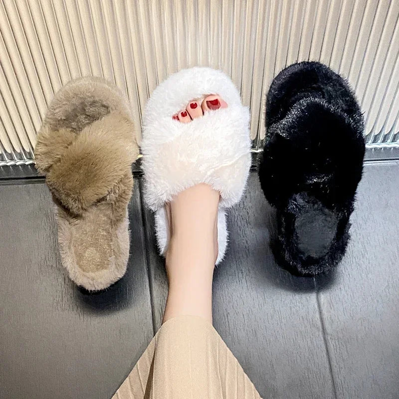 Women‘s Slippers Solid Color Shoes Outside Casual Flops Ladies Fur Slides Females 2024 High-Heels Winter Wedge Modern Slippers