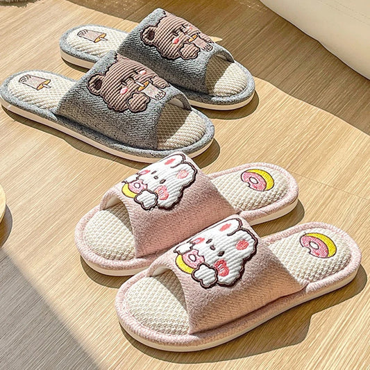 Comwarm Cute Cartoon Slippers For Women Summer Linen Woman' s Slippers Men Falt Flip Flops Indoor Home Non-Slip Cotton Slippers