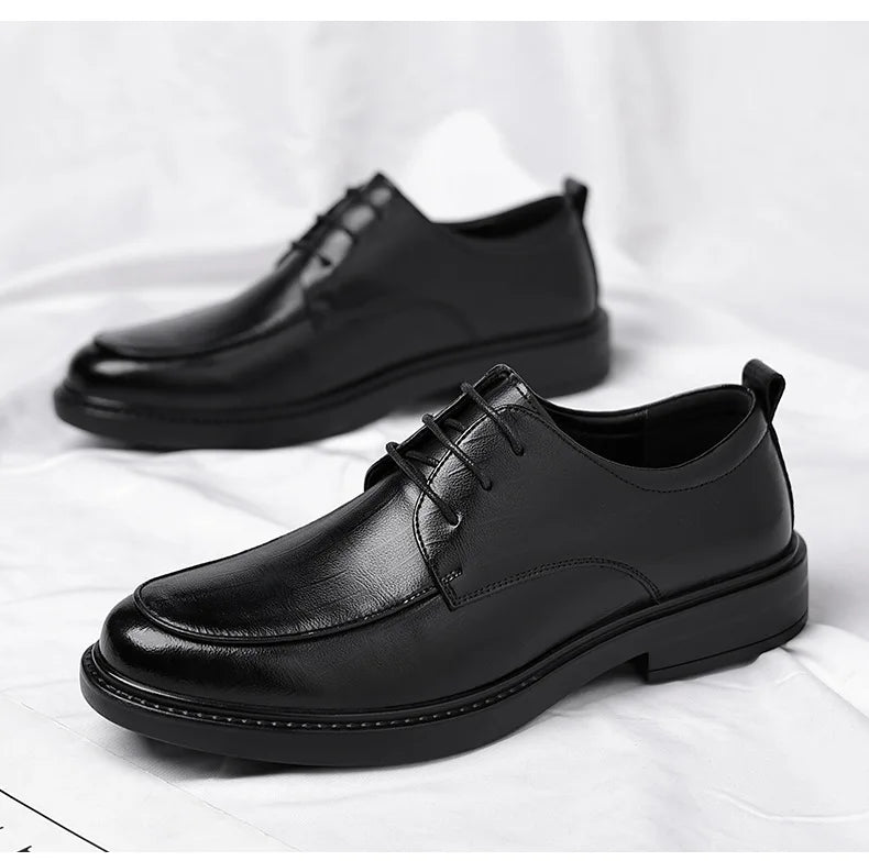 New Men's Formal Shoes Genuine Leather Fashion Dress Shoes Men‘s Italian Style Business Office Wedding Solid Color Lace Up Shoes