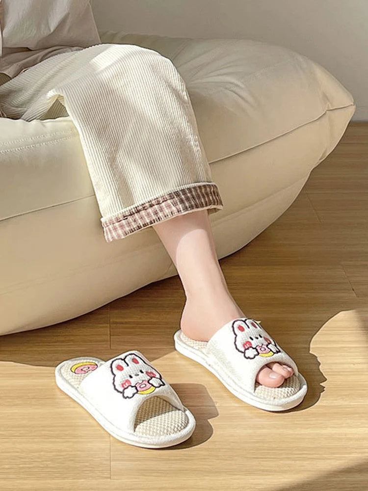 Comwarm Cute Cartoon Slippers For Women Summer Linen Woman' s Slippers Men Falt Flip Flops Indoor Home Non-Slip Cotton Slippers