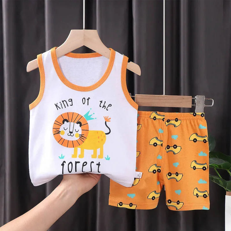 Boys Vest Set Summer Cotton New Clothes Children's Sleeveless Cartoon Wool Comfort Set Class A Thin Two-piece Set for 6-9months