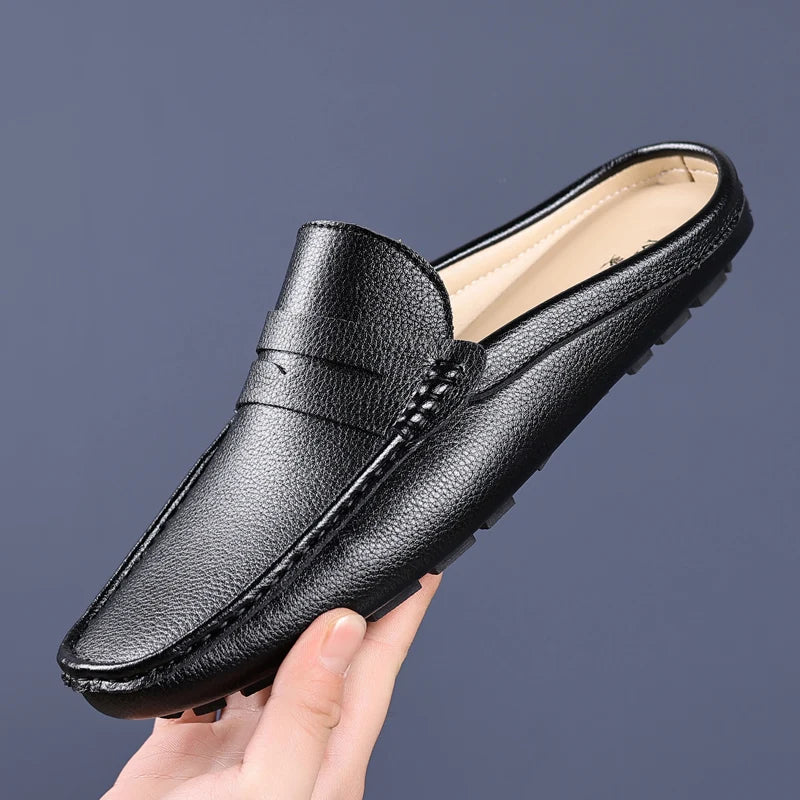 Leather Men’s Half Shoes for Men Comfortable Walking Shoe Casual Designer Shoes Slip-On Solid Color Loafers Flat Slippers 2024