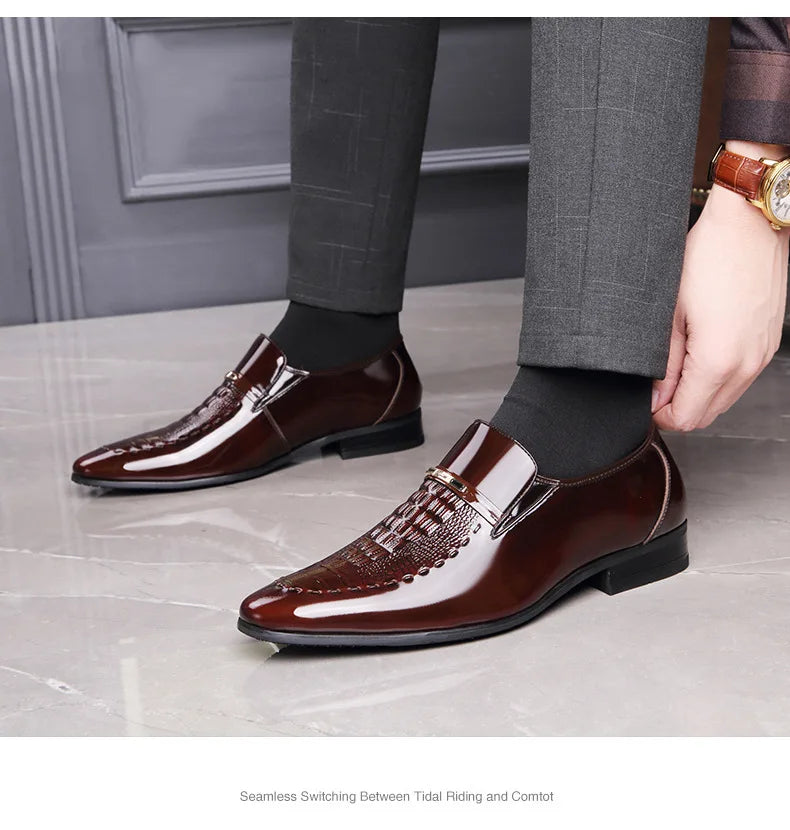 Patent Leather Business Men Shoes Formal Slip on Dress Shoes Men‘s Oxfords Footwear Alligator Pattern Leather Shoes for Man