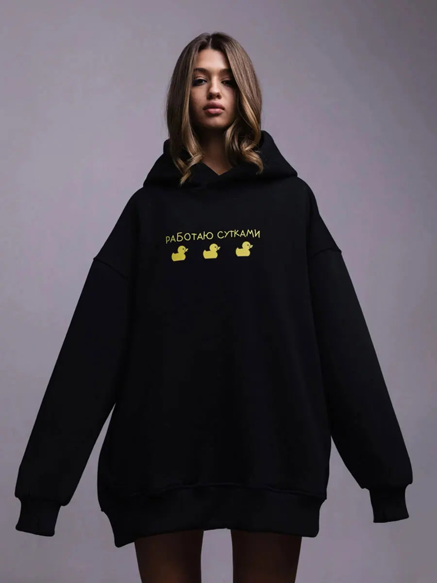 Bornladies Autumn Winter Womwn Oversized Hoodie Warm Sweatshirt  Three Duck Print Loose Casual Thicken Fleece Fashion Hooded