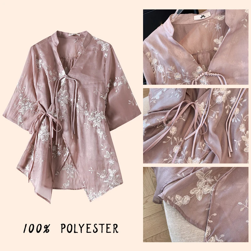 Plus size Women's dress Summer Casual Chiffon shirt Loose and comfortable Chinese style cardigan top Light and breathable