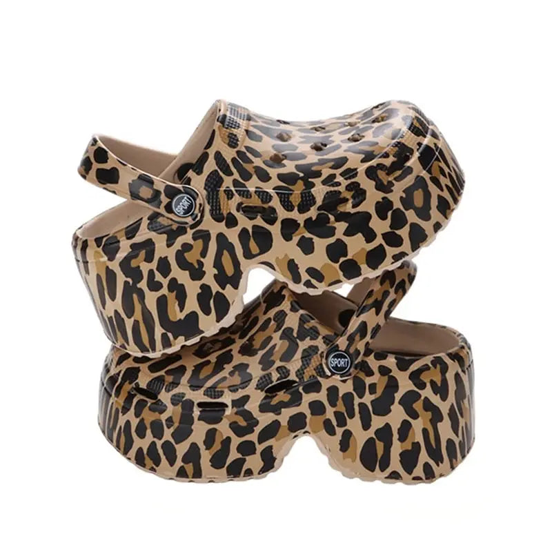 Rimocy Leopard Print 9Cm Women Hole Shoes Summer Thick Bottom Clogs for Woman Chunky Platform Slippers Non-Slip Garden Sandals