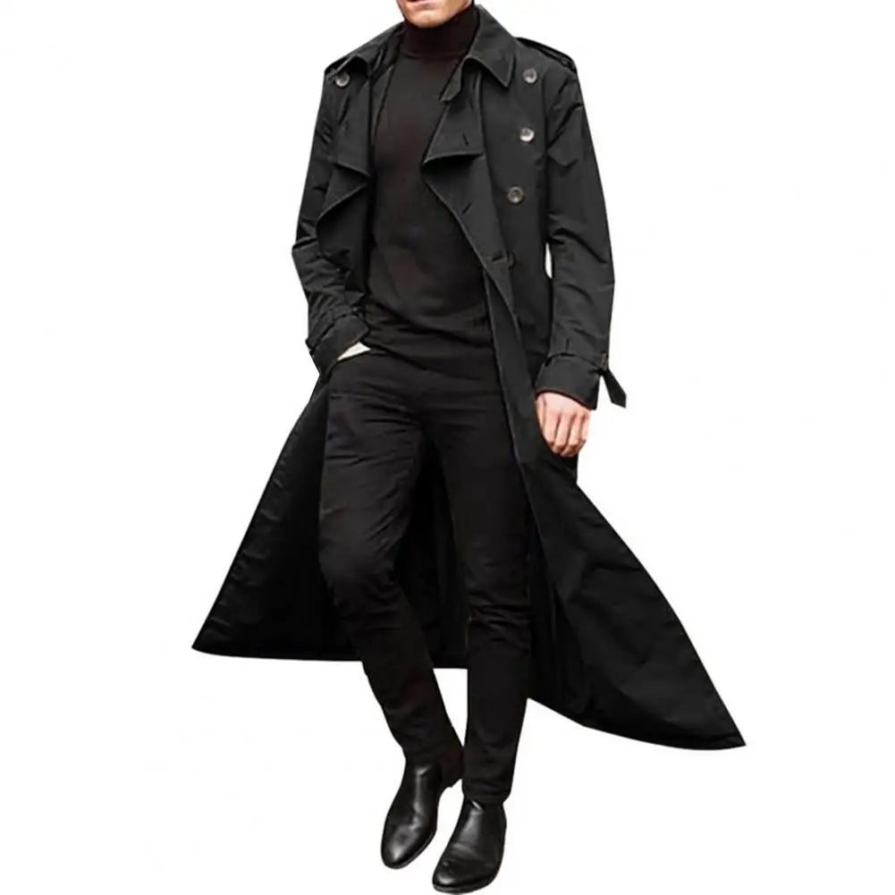 Men Trench Coat Double-breasted Lapel Windbreaker Trenchcoat Casual Loose Long Overcoat Western Extra Long Buttons Male Coat