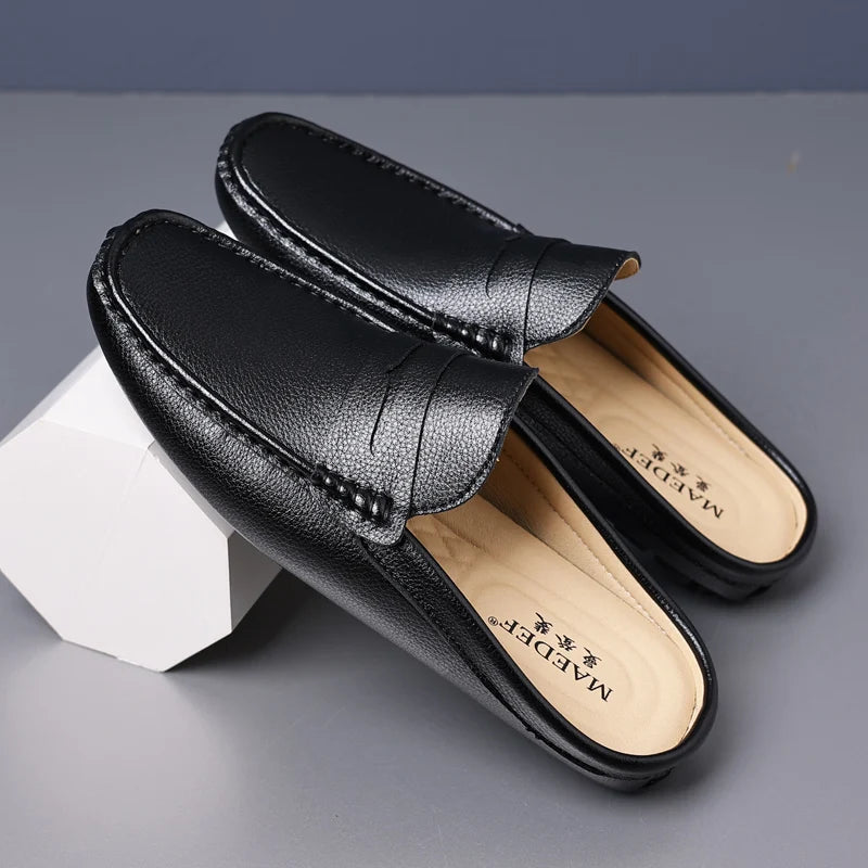 Leather Men’s Half Shoes for Men Comfortable Walking Shoe Casual Designer Shoes Slip-On Solid Color Loafers Flat Slippers 2024