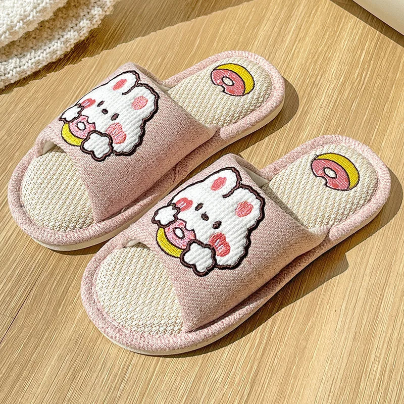 Comwarm Cute Cartoon Slippers For Women Summer Linen Woman' s Slippers Men Falt Flip Flops Indoor Home Non-Slip Cotton Slippers