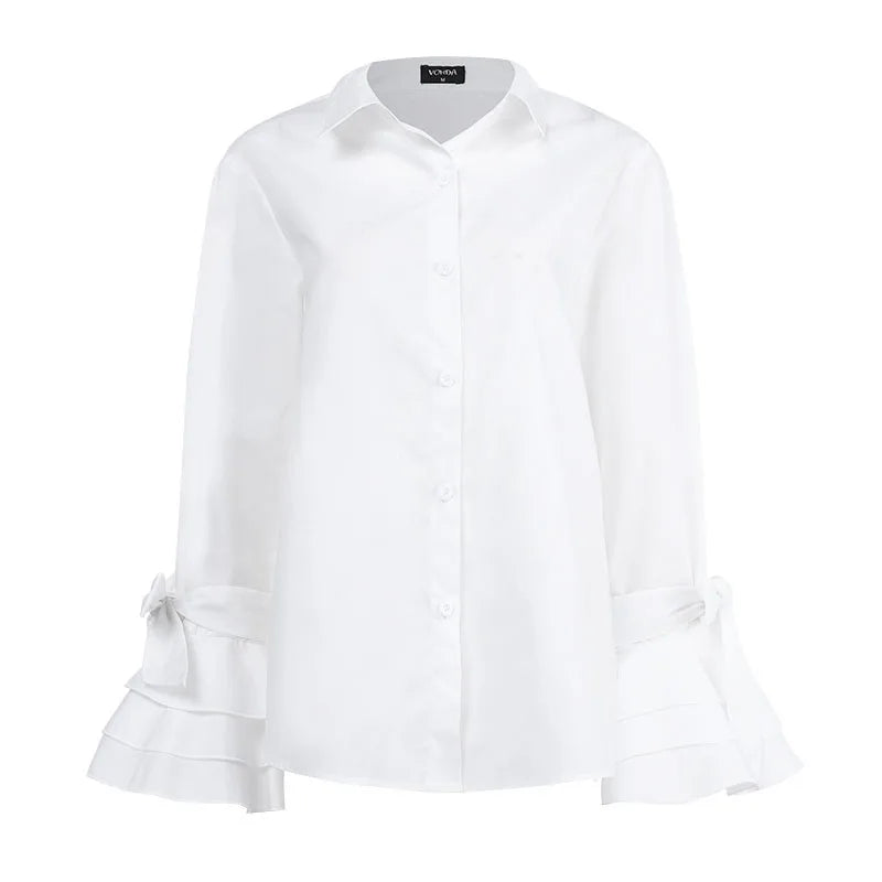 Plus Size 5XL VONDA Shirts White Blouse Women Autumn Long Flare Sleeve Tops Tunic Casual Solid Buttons Blusas Femininas