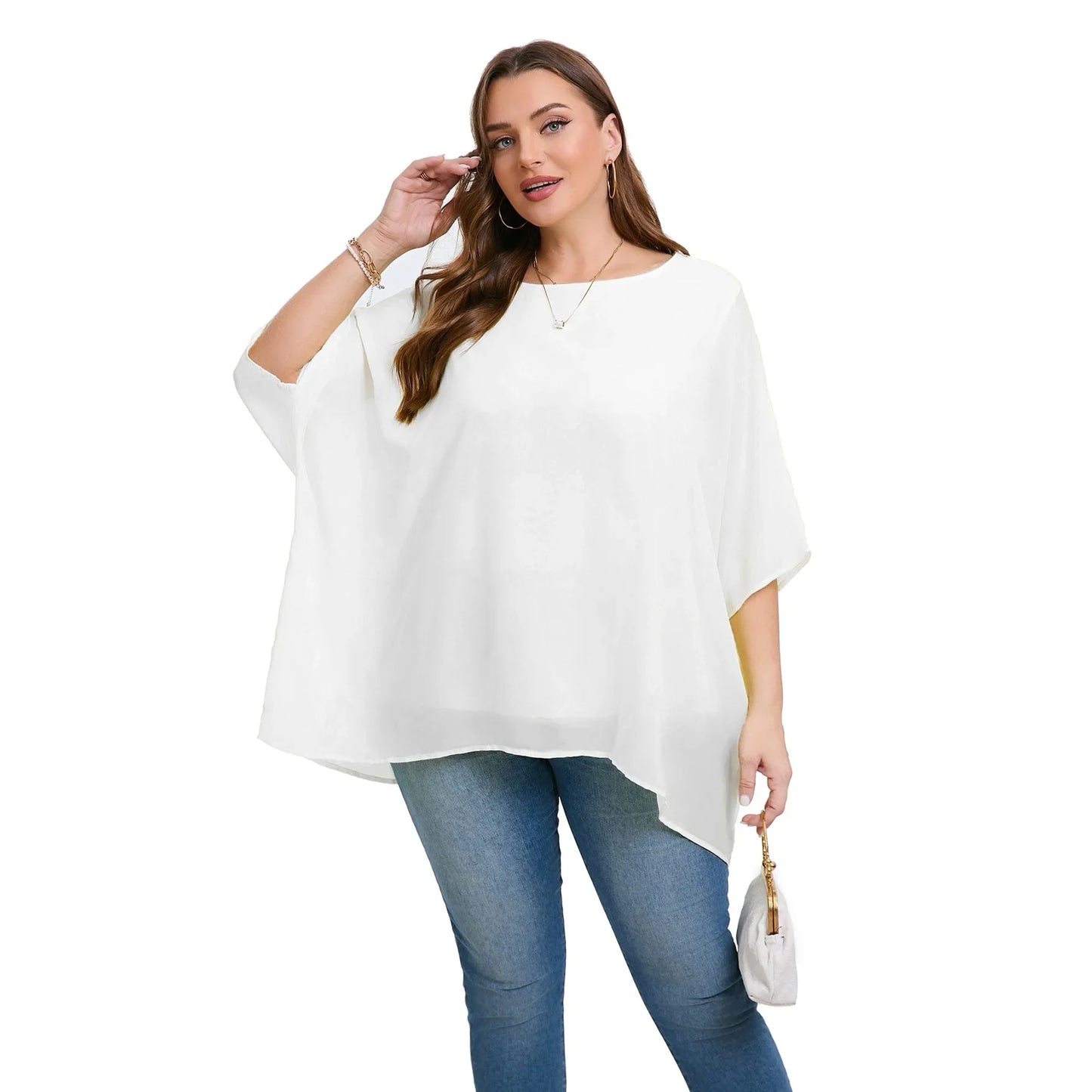 Womens Plus Size Elegant Summer Blouse Batwing Sleeve Oversized Chiffon Blouse Scoop Neck Large Size Casual Tunic Top Shirt 4XL