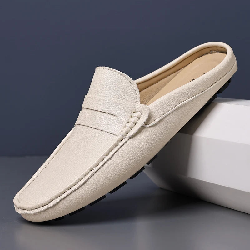 Leather Men’s Half Shoes for Men Comfortable Walking Shoe Casual Designer Shoes Slip-On Solid Color Loafers Flat Slippers 2024