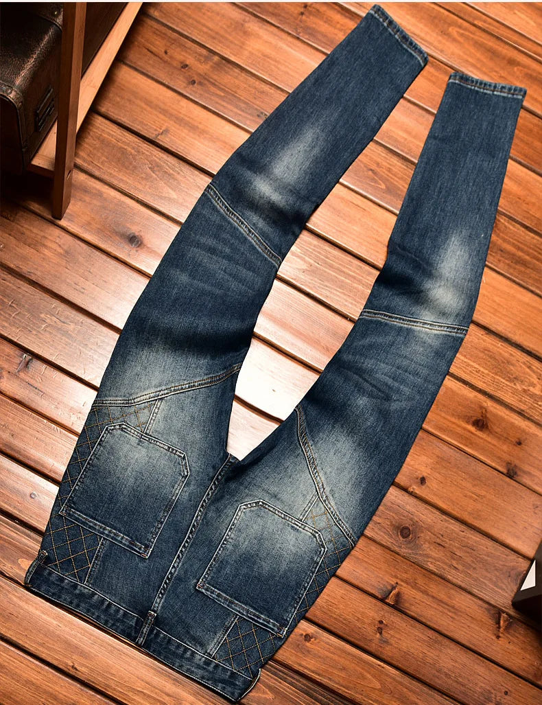 High-End Fashion Brand Men'S Jeans Blue Slim Stretch Embroidery Motorcycle Stitching Fashion Men'S Casual Straight Leg Jeans