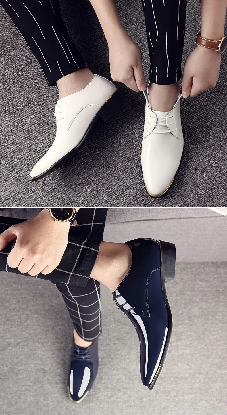 2024 New Men’s Patent Leather Shoes  British Style Men's Dress Shoes Lace Up Pointed Toe Wedding Business Party Social Shoe Male